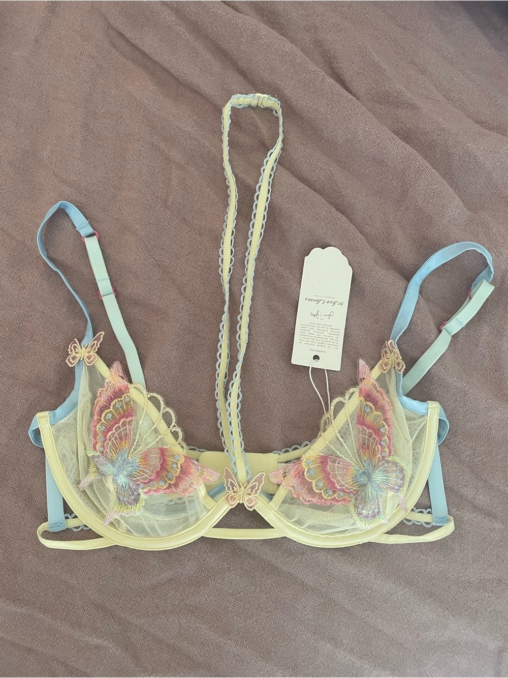 For Love And Lemons Butterfly Embroidered Sheer Bra - Pastel Yellow & Blue - Picture 2 of 7